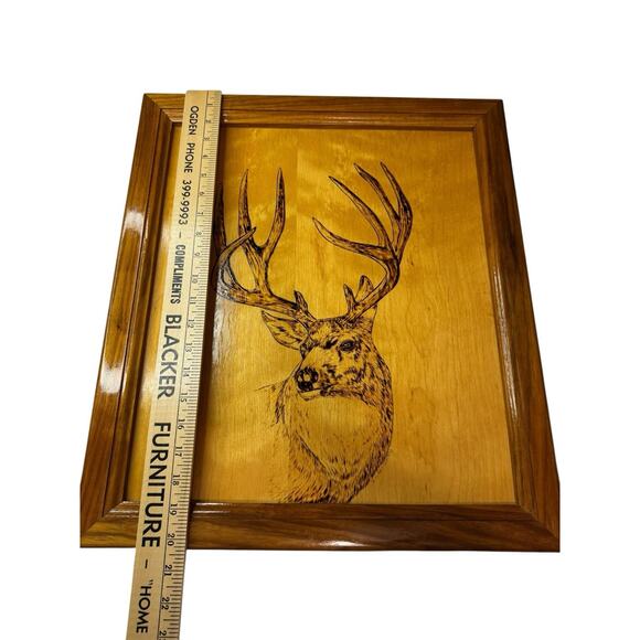 Vintage Wood Burning Deer Buck Rustic Wood Gallery Art Cabin Pyrography 20x18 - Picture 2 of 6